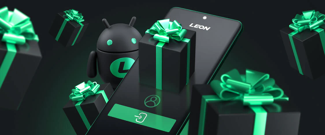 Android robot beside a phone with the LEON logo and a green download button, surrounded by gift boxes