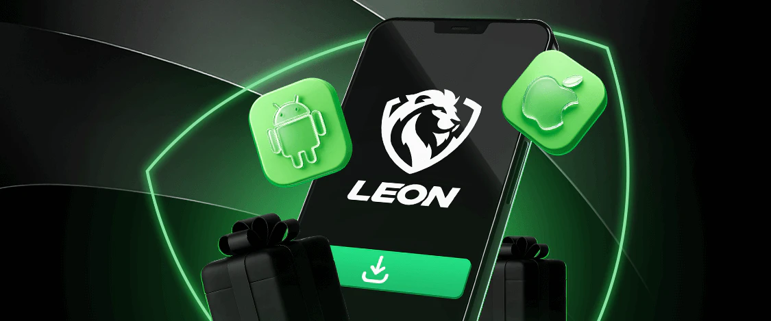 Smartphone showing the LEON logo between Android and Apple download icons