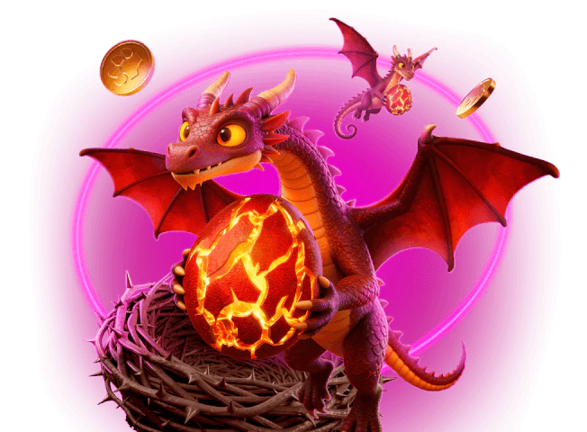 Dragon guarding a glowing lava egg, LEON Casino pokie artwork