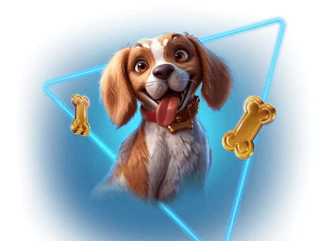Puppy mascot with golden bones on a neon blue background