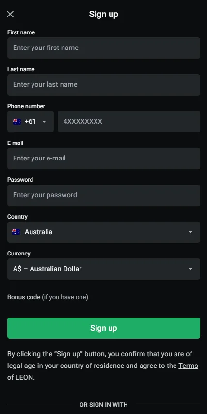 Registration at LEON Casino Australia